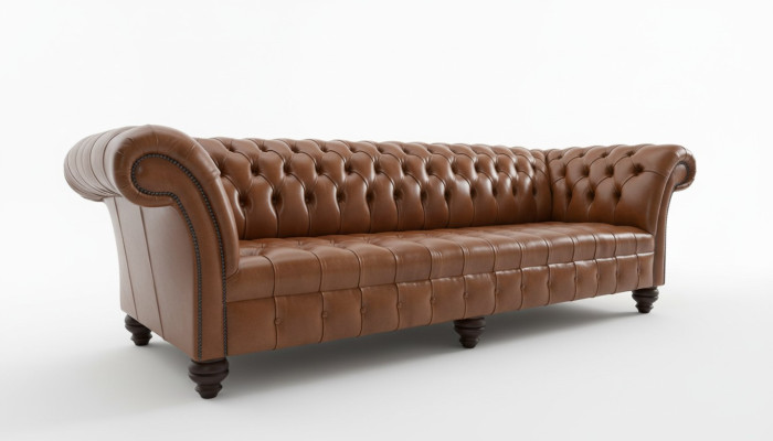 Bruine Chesterfield bank van leder, 4-zits XXL grote bank, nieuw gestoffeerd.