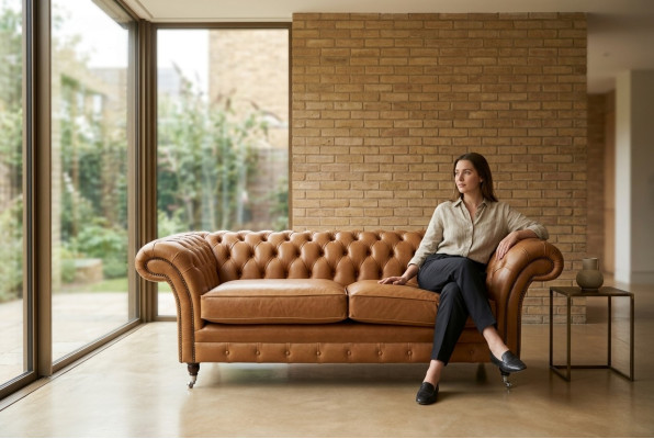 Bankstel 3-zits bank Chesterfield gestoffeerde zitgroep leer bruin textiel