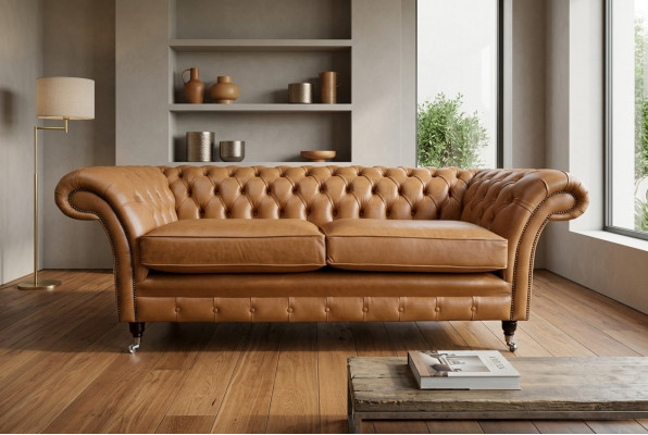 Bankstel 3-zits bank Chesterfield gestoffeerde zitgroep leer bruin textiel
