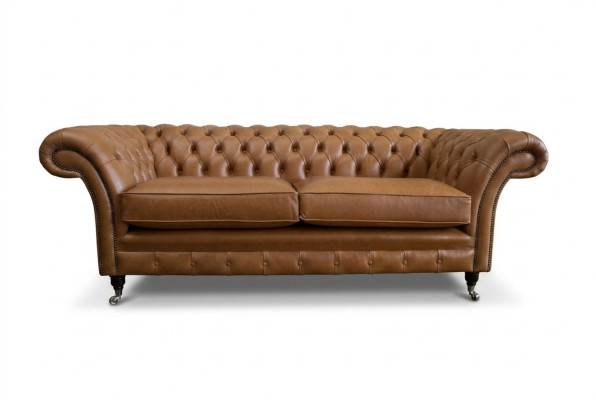 Bankstel 3-zits bank Chesterfield gestoffeerde zitgroep leer bruin textiel