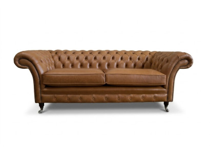 Bankstel 3-zits bank Chesterfield gestoffeerde zitgroep leer bruin textiel