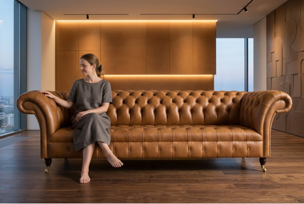 Ontwerp Chesterfield bankstel 4-zits bank leer bekleding bruin luxe bankstel