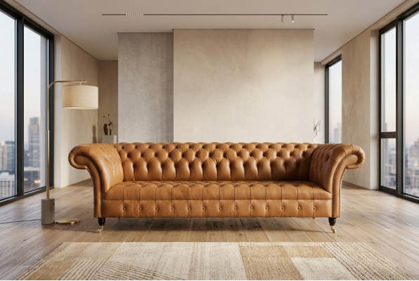 Ontwerp Chesterfield bankstel 4-zits bank leer bekleding bruin luxe bankstel