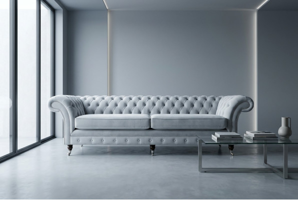 Grijze Chesterfield 4-zits gestoffeerde bank Moderne Stijl Fluweel Textiel Stof Bank