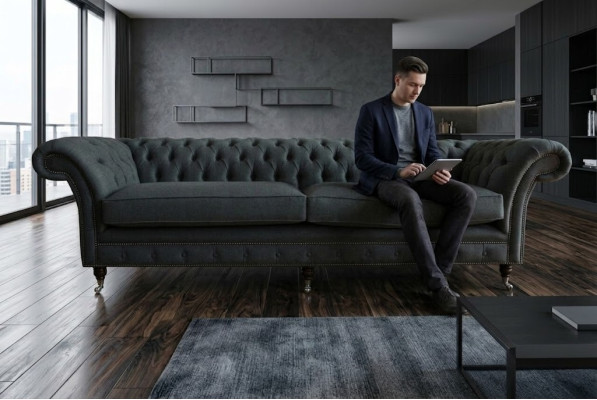 Originele Chesterfield textiel leren bank bank bekleding Grote zitkussen Grijs 265cm