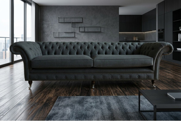 Originele Chesterfield textiel leren bank bank bekleding Grote zitkussen Grijs 265cm