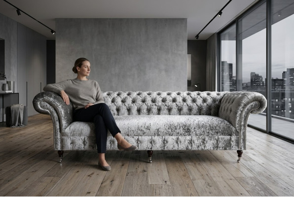 Zilveren Chesterfield textiel lederen bank bank gestoffeerde grote zitkussen nieuw 265cm