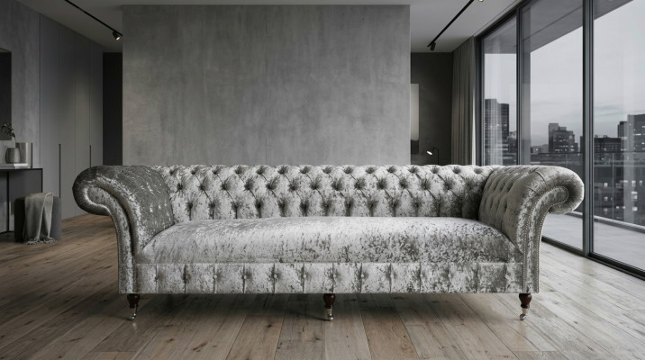 Zilveren Chesterfield textiel lederen bank bank gestoffeerde grote zitkussen nieuw 265cm