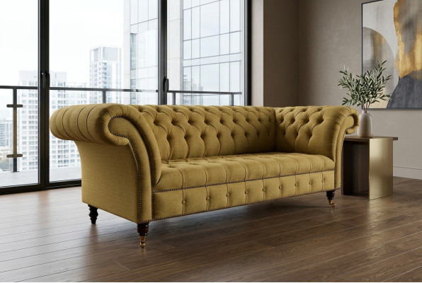 Gele bank met drie zitplaatsen, gestoffeerd designbankstel, 3-zitsbanken kamer luxe bankstellen