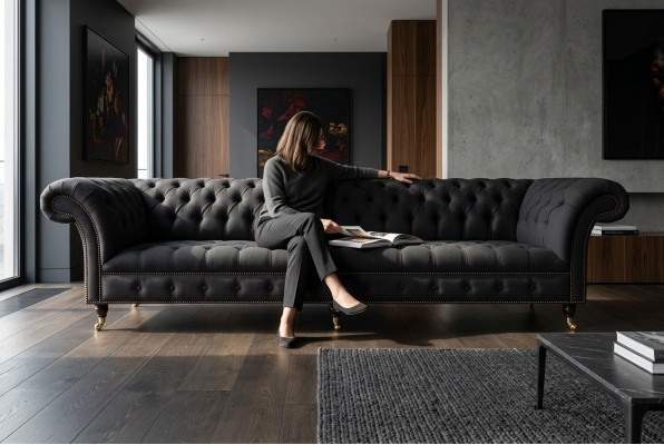 Zwarte Chesterfield Textiel Lederen Bank Bank Kussen Groot Zitkussen xxl 265cm