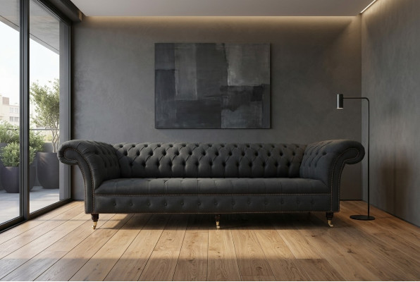Zwarte Chesterfield Textiel Lederen Bank Bank Kussen Groot Zitkussen xxl 265cm