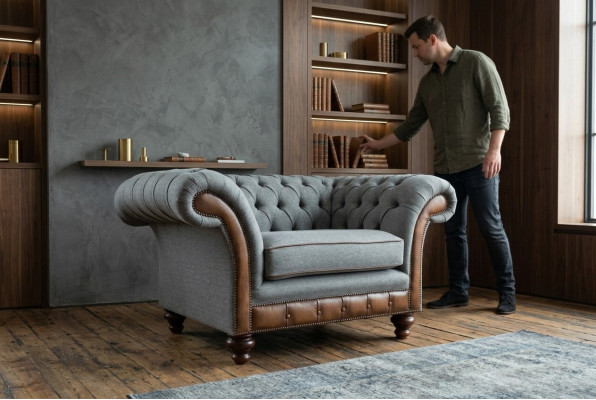 Chesterfield Design Stof Bankstel Fauteuil 1,5-zits Bekleding Sofa's Lounge Fluweel Grijs