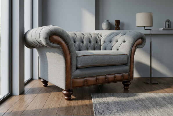 Chesterfield Design Stof Bankstel Fauteuil 1,5-zits Bekleding Sofa's Lounge Fluweel Grijs