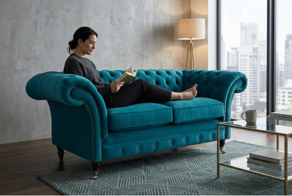 Chesterfield Bank 2-zits Designer Banken Sofa's Set Turquoise Fluweel Nieuw