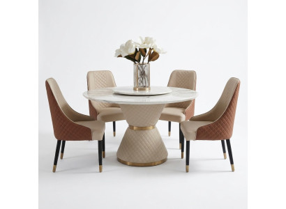 Ronde eettafel met 4 armstoelen 5-delig. Zitkussenset eetkamer.