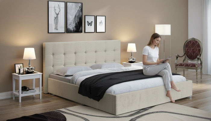 Beige 160x200 bed slaapkamer bedden textiel leer hotel luxe gestoffeerd groot nieuw