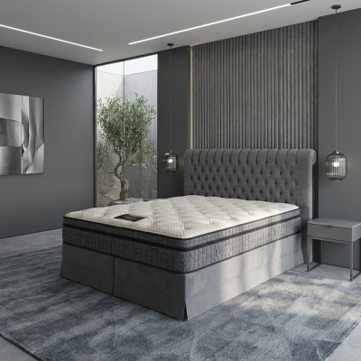 Grijze luxe slaapkamer Chesterfield bed gestoffeerd design luxe tweepersoonsbedden