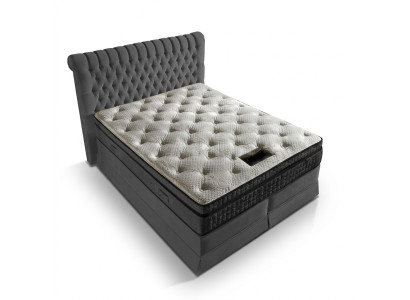 Grijze luxe slaapkamer Chesterfield bed gestoffeerd design luxe tweepersoonsbedden