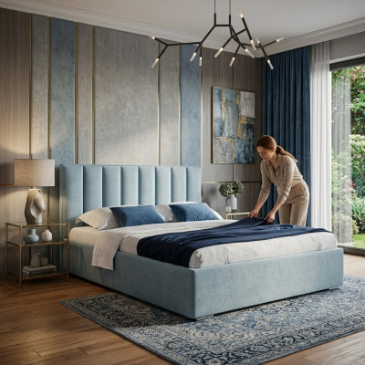 Blauw bed moderne bedstellen stoffering meubels luxe hotelbedden slaapkamer