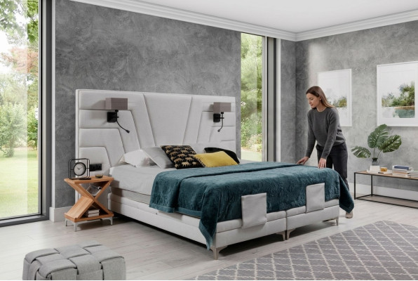 Bedden Dubbel bed Slaapkamer Leer Bekleding Textiel Hotel + Lampen