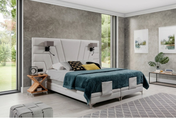 Bedden Dubbel bed Slaapkamer Leer Bekleding Textiel Hotel + Lampen