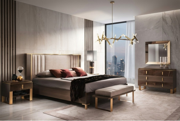 Modern slaapkamer set met bed, nachtkastje, krukje, 4-delige set.