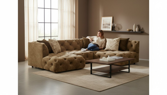 Chesterfield L-vormige hoekbank bank design textiel gestoffeerd bankstel hoek nieuw