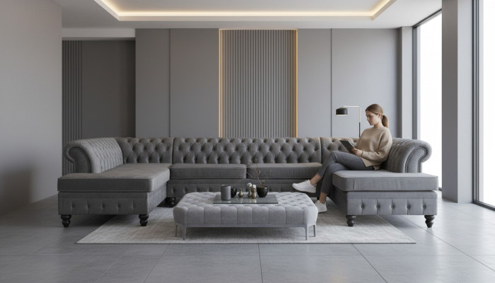 Chesterfield fluwelen hoekbank in U-vorm woonlandschap gestoffeerde hoek bank sofa's nieuw