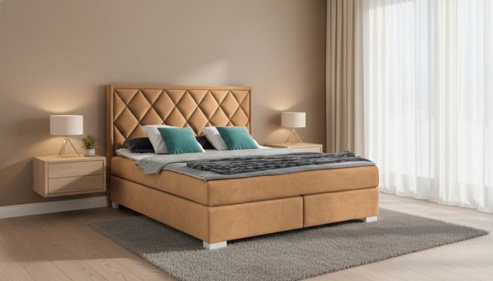 Luxe boxspring bed stof hotel beige bedden slaapkamer meubels ontwerp dubbel