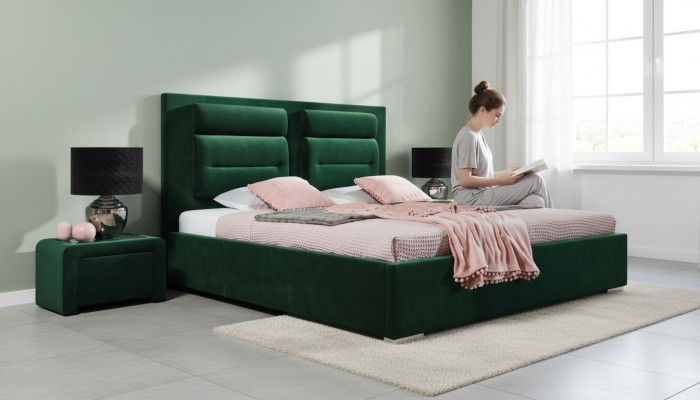 Luxe boxspringbed dubbel design stof hotel groene bedden slaapkamer meubels