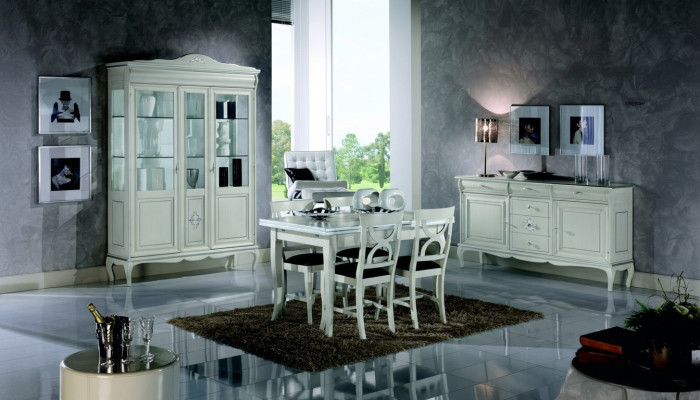 Design eetkamer set 7-delige houten meubelset met dressoir, 4 stoelen, tafel en vitrinekast Nieuw
