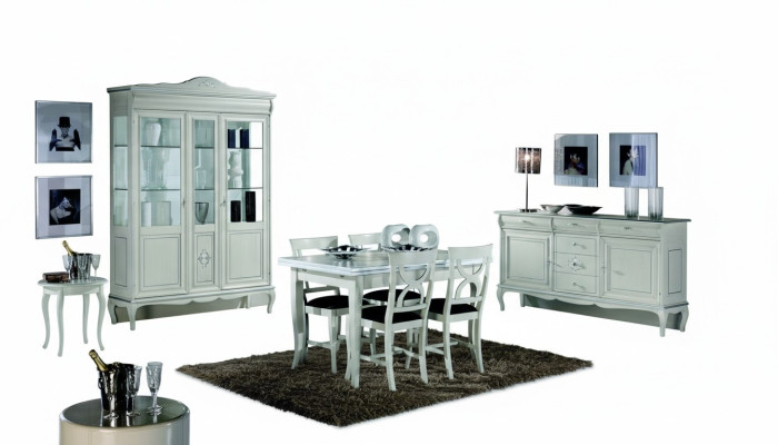 Design eetkamer set 7-delige houten meubelset met dressoir, 4 stoelen, tafel en vitrinekast Nieuw