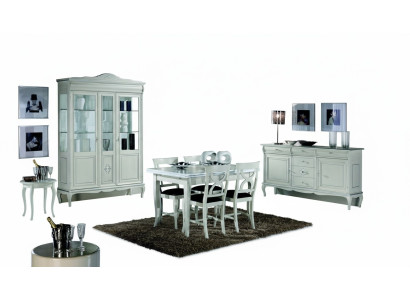 Design eetkamer set 7-delige houten meubelset met dressoir, 4 stoelen, tafel en vitrinekast Nieuw