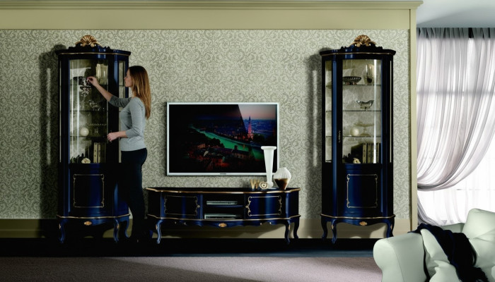 Luxe set van 3-delige garnituur RTV met 2x blauwe vitrine Italiaans luxe meubilair in barokstijl.