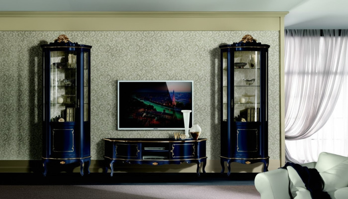 Luxe set van 3-delige garnituur RTV met 2x blauwe vitrine Italiaans luxe meubilair in barokstijl.
