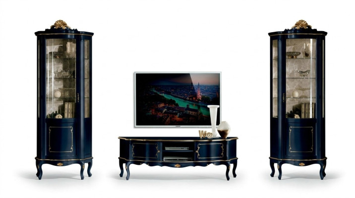 Luxe set van 3-delige garnituur RTV met 2x blauwe vitrine Italiaans luxe meubilair in barokstijl.