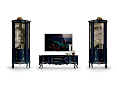 Luxe set van 3-delige garnituur RTV met 2x blauwe vitrine Italiaans luxe meubilair in barokstijl.