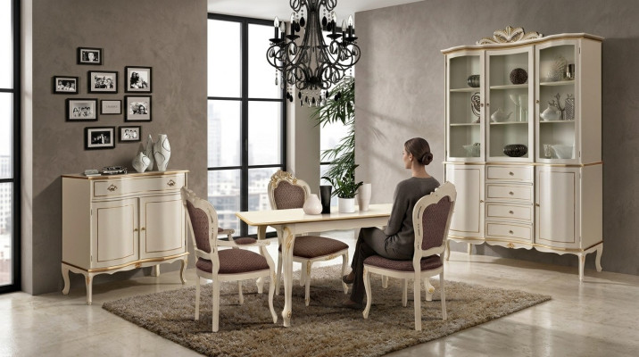 Luxe eetkamerset, 6 delen, wit houten meubilair, commode, 3 stoelen, tafel