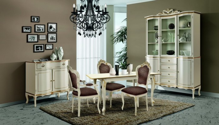 Luxe eetkamerset, 6 delen, wit houten meubilair, commode, 3 stoelen, tafel