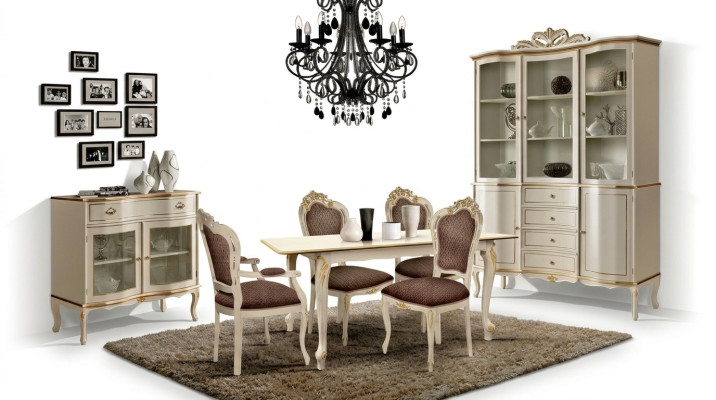 Luxe eetkamerset, 6 delen, wit houten meubilair, commode, 3 stoelen, tafel