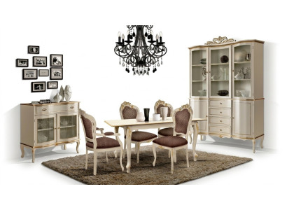 Luxe eetkamerset, 6 delen, wit houten meubilair, commode, 3 stoelen, tafel