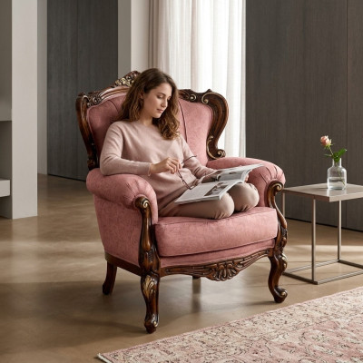Stuur Designer luxe barok roze fauteuil Italiaanse houten woonkamermeubels nieuw.