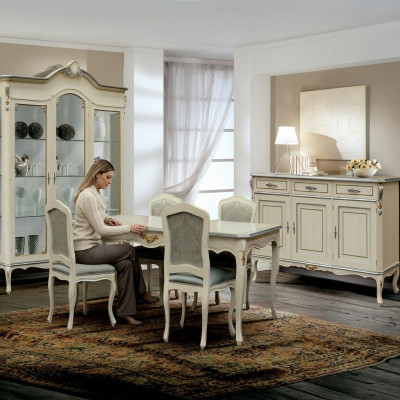Luxe eetkamerset, 7-delig, wit houten meubilair, dressoir, 4 stoelen, tafel, vitrine.