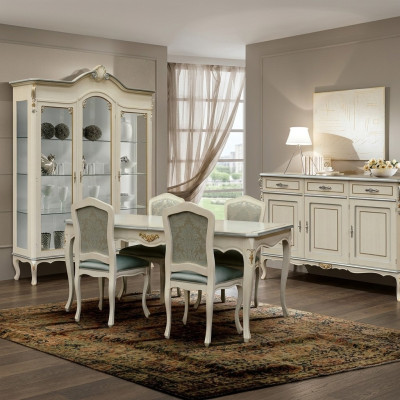 Luxe eetkamerset, 7-delig, wit houten meubilair, dressoir, 4 stoelen, tafel, vitrine.