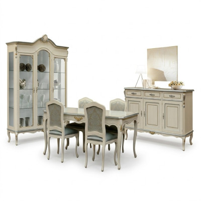 Luxe eetkamerset, 7-delig, wit houten meubilair, dressoir, 4 stoelen, tafel, vitrine.