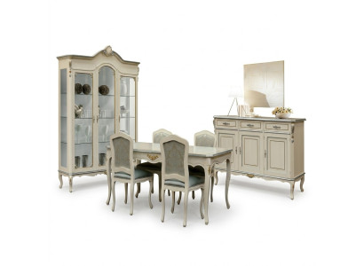Luxe eetkamerset, 7-delig, wit houten meubilair, dressoir, 4 stoelen, tafel, vitrine.