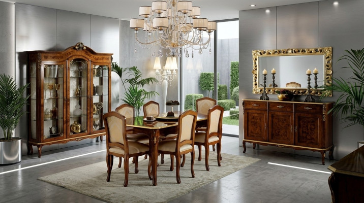 Eettafel 6 stoelen vitrine kast spiegel Compleet eetkamerset 10-delig