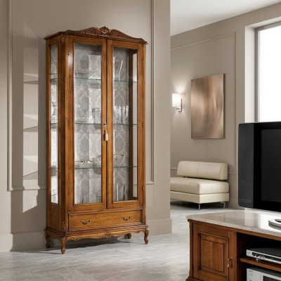 Ontwerper luxe houten vitrine bruin 2 glazen deuren 1 lade Italiaanse meubels.