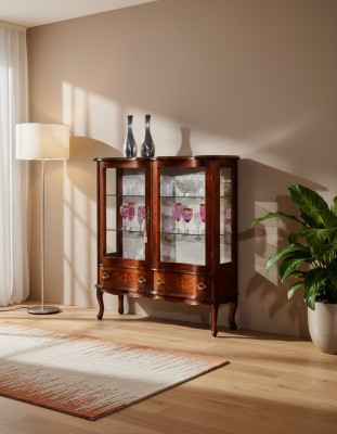 Ontwerper Luxe Houten Vitrinekast Bruin 2 Glazen Deuren 2 Laden Italiaanse Meubelen