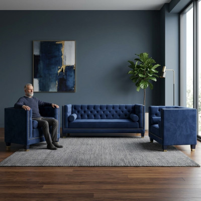 Chesterfield Blauw bankstel 3-delig set bank uitvoeringen zitkussen groep